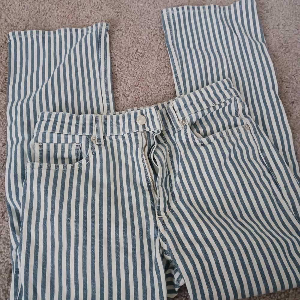 Zara Blue and White Striped Straight Leg Jeans